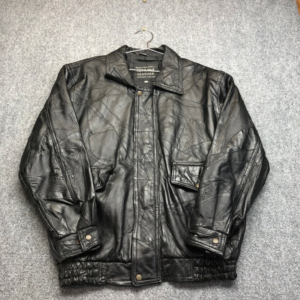 Vintage  Leather  Mens XL Patchwork Bomber Jacket Black Genuine Leather